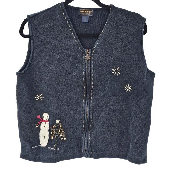 Woolrich Snowman Sweater Vest Black Christmas Appliqué Zip Snowflakes Vintage - Picture 7 of 11